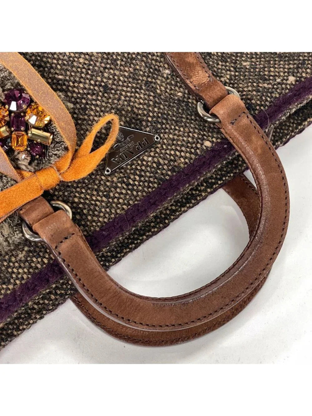 Prada Handbag 2-Way Rhinestone Fabric Brown